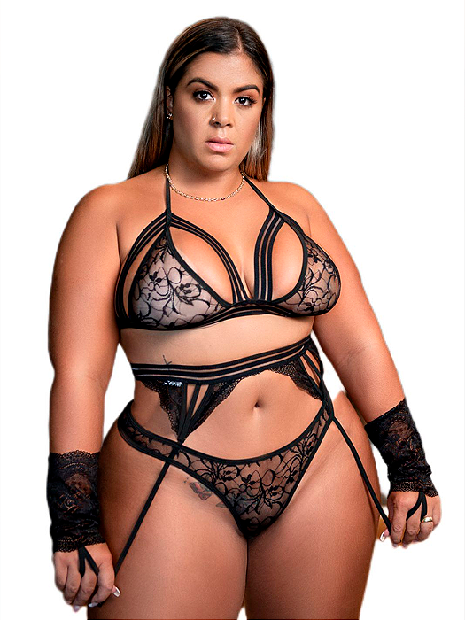 Conjunto Plus Size De Renda Malícia Com Cinta-liga E Luva