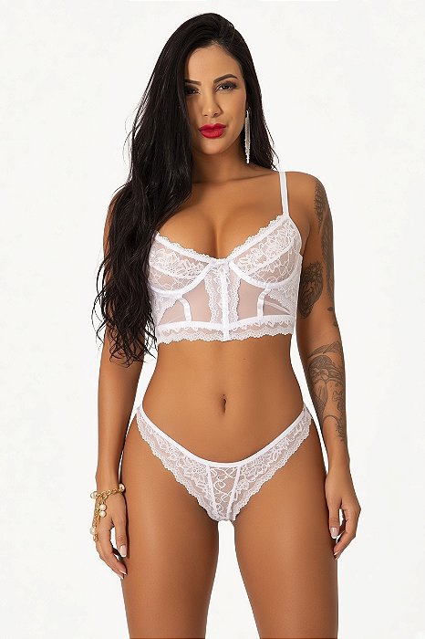 Cropped Rendado + Calcinha Fio Com Forro 100% Algodão Branco