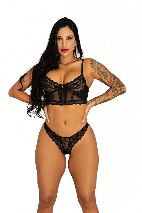 Cropped Rendado + Calcinha Fio Com Forro 100% Algodão Preto