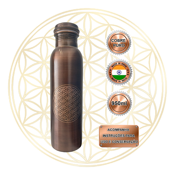 Garrafa de Cobre Puro Indiana Ayurvédica - ANTIQUE FLOR DA VIDA 950ML