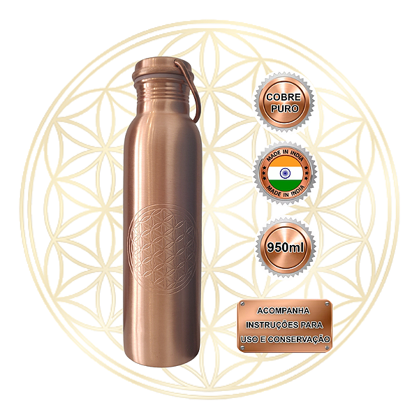 Garrafa de Cobre Puro Indiana Ayurvédica -  FLOR DA VIDA C/ ALÇA 950ML