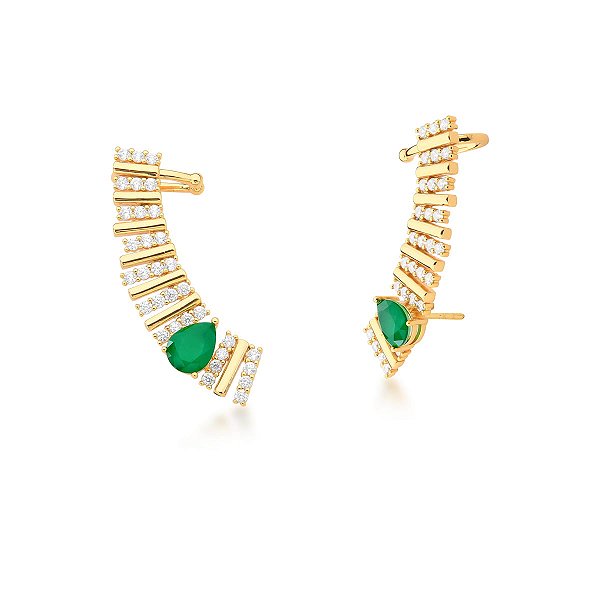 Brinco Ear Cuff palitos Cravejado e Cristal Esmeralda