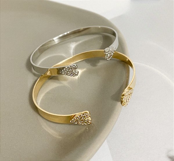 Bracelete ponta dois corações no ródio