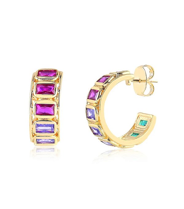 Brinco Argola Zircônias Baguetes coloridas