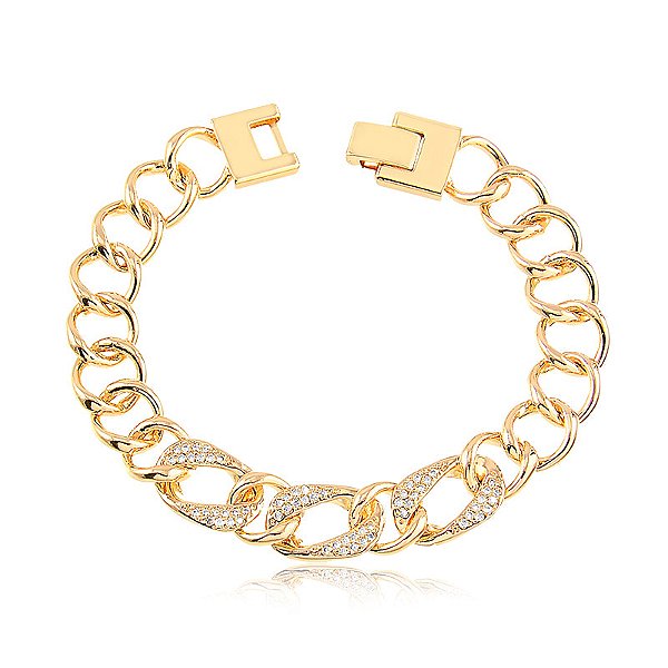 Pulseira elos grandes lisos e cravejados fecho quadrado