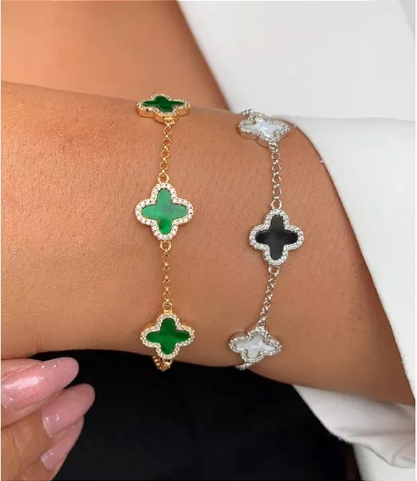 Pulseira Trevo Madreperola Branco e Preto com zircônias