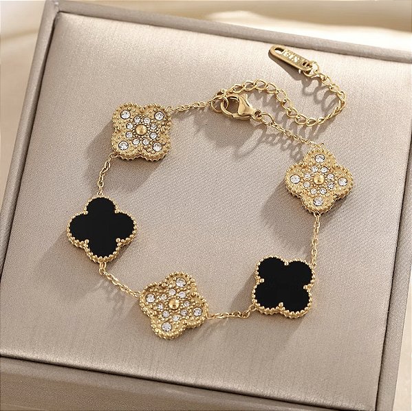 Pulseira Trevo Dupla Face Esmaltado e Cravejado