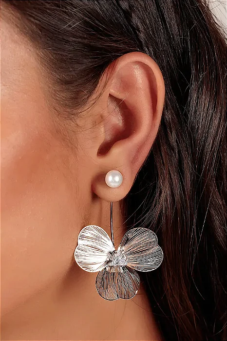 Brinco Ear Jacket Flor Fios Pérola Shell Zircônia