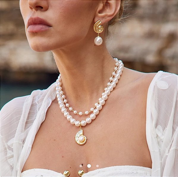 Brinco Concha Caracol Com Pérola Natural