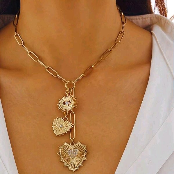 Colar Gravata Com Pingentes  Dourado