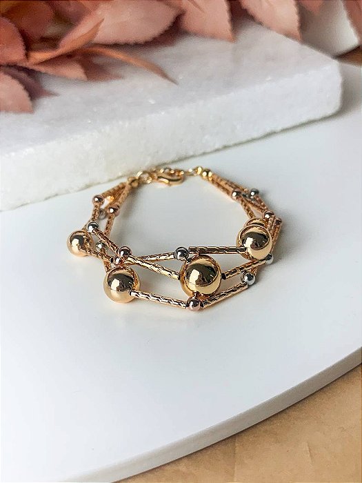 Pulseira Três Banhos De Ouro Bolas Tripla