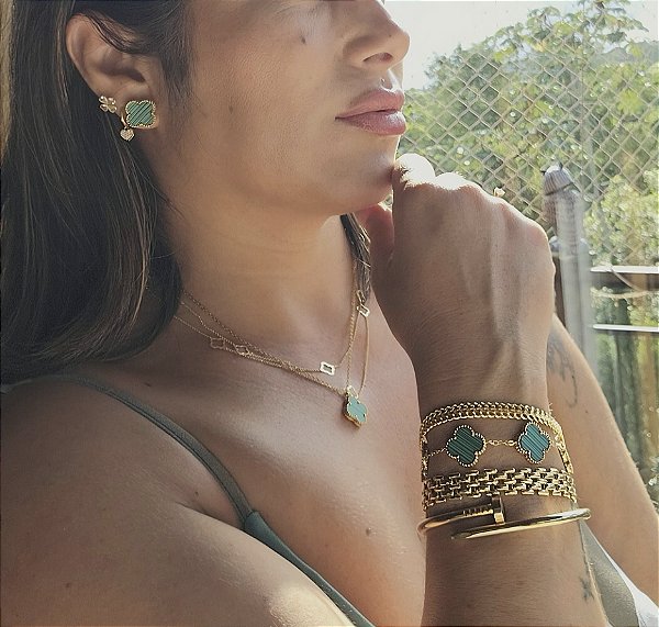 Mix Colar Pulseira e Brincos Trevo Zircônia