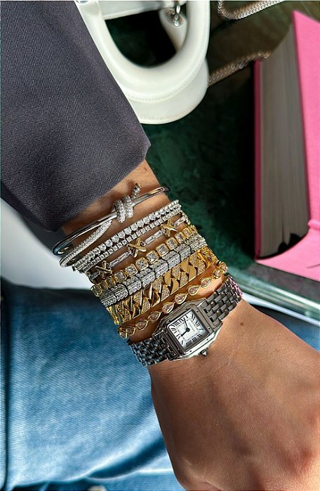 Pulseira Lacraia Lisa e Cravejada Gold Zirconias Luxo