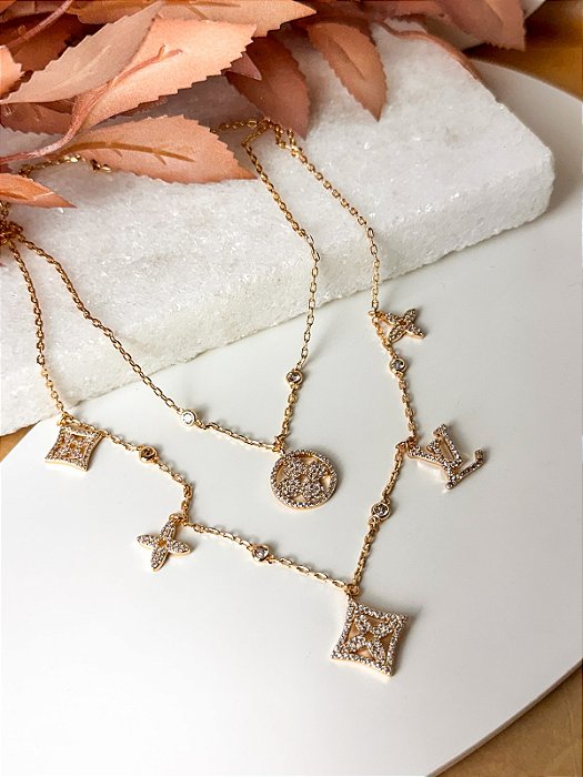 Colar Duplo LV Cravejado Com Zirconias