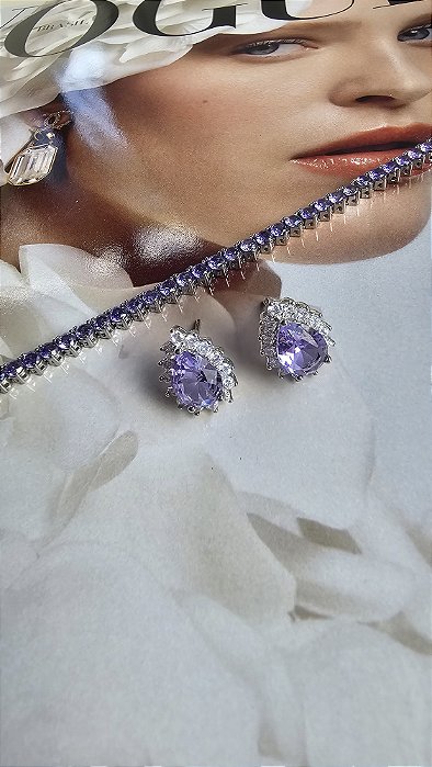 Brinco Gota Cravejado Tanzanita Lavanda Rodio