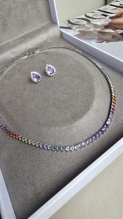 Colar Choker Riviera Color 3 pontas 3mm Ródio