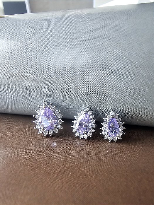 Trio de Brincos Cravejados Pedra Tanzanita Lilas