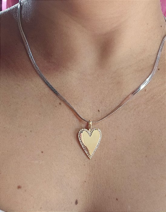 Pingente Coração Longo Liso Cravejado Ouro