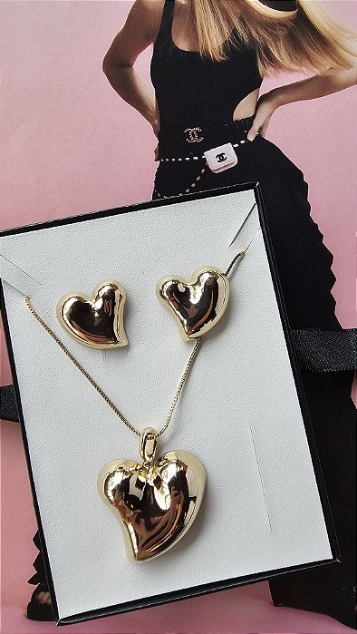 Conjunto Colar e Brincos Coração Grande
