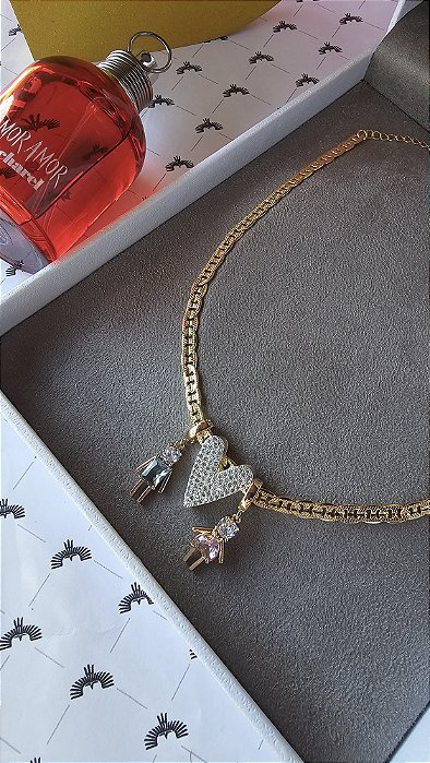 Kit Pingente Casal Fecho Clic Com Pingente Coração Passante Dois lados Choker Laminada