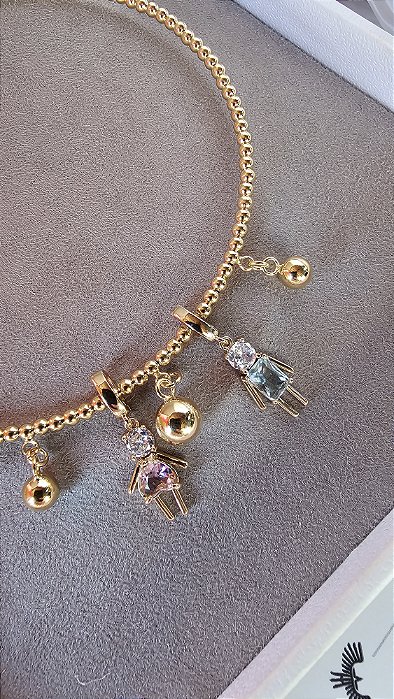 Choker Aro Mini Bolinhas com Pingentes Casal Fecho Clic