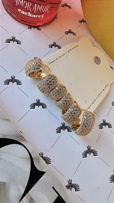 Trio de Brinco Argolas Cravejadas 5 fileiras 7mm