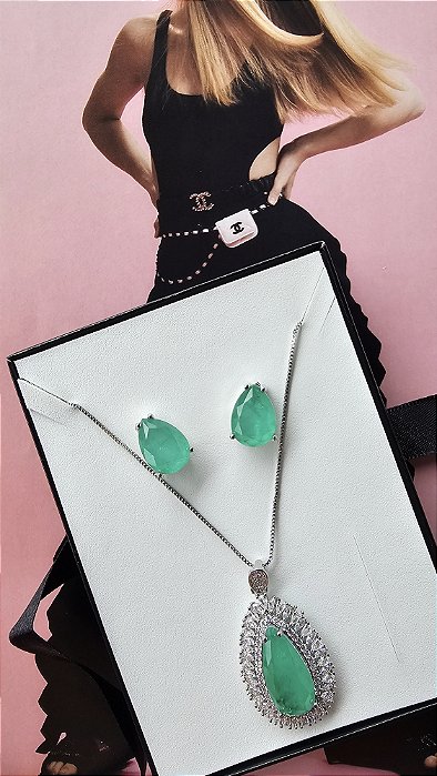 Conjunto Colar e Brincos Pedra Gota Fusion Verde Turmlina