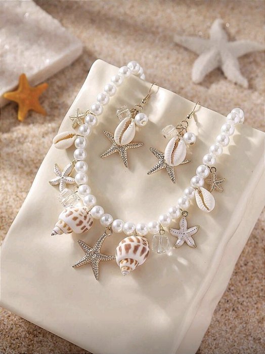 Conjunto Colar e Brincos Pérolas Summer Búzios e Estrelas