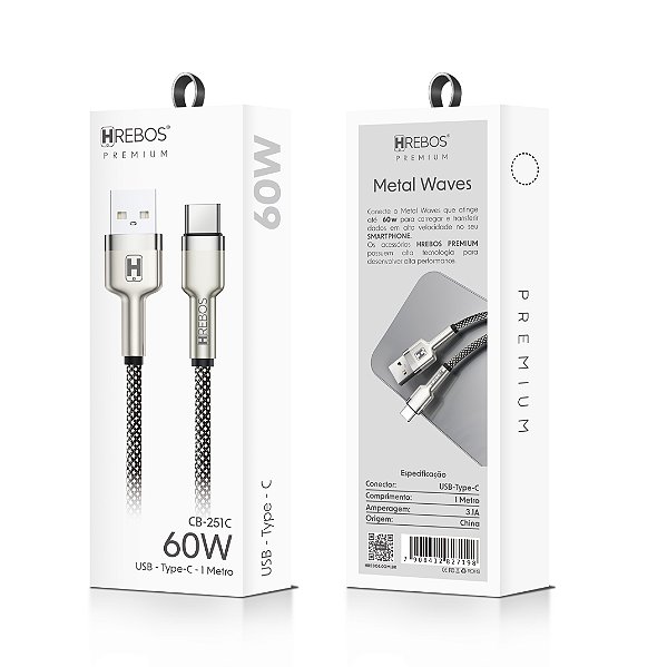 Cabo Metal Waves USB x Type C Premium Preto