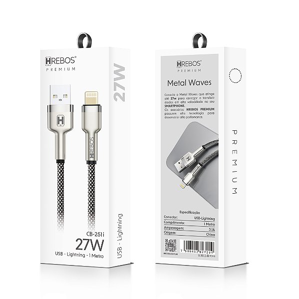 Cabo Metal Waves USB x Lightning Premium Preto