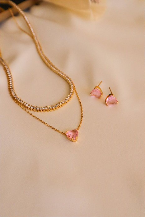 Conjunto coração cristal banhado a ouro