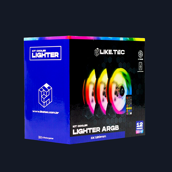 Kit Fan Com 3 Unidades Liketec Lighter ARGB, 120mm, Black, Com Controladora