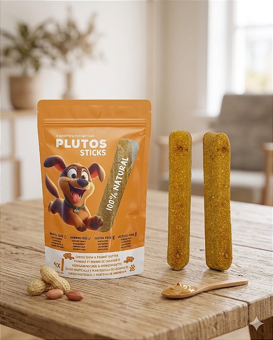 Mastigável Natural Plutos Sticks Queijo & Pasta de Amendoim - 160g