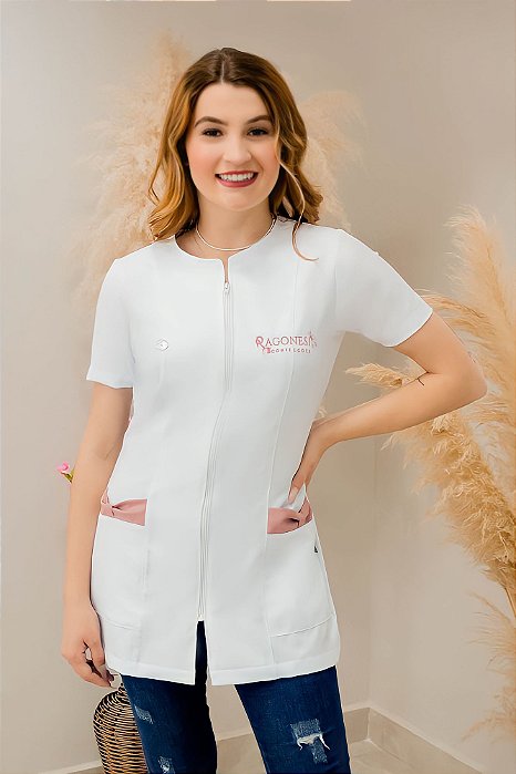 Jaleco Maju manga curta - Branco com Rosé