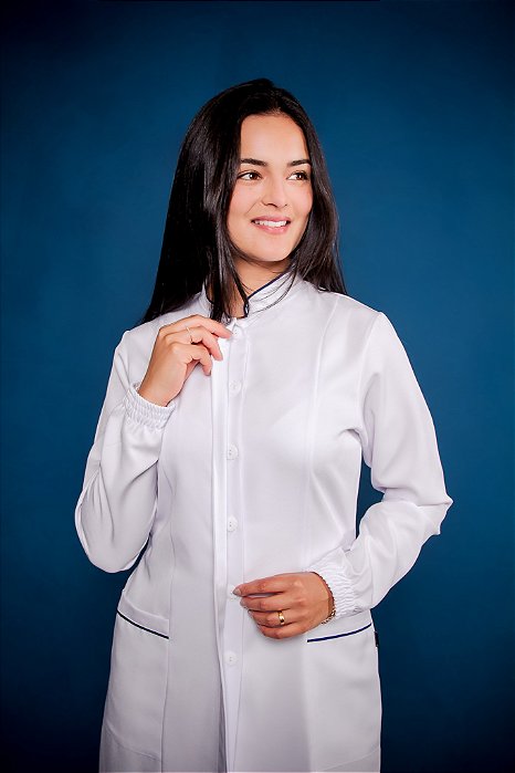 Jaleco Esmeralda manga longa PE - Branco e de talhe Azul