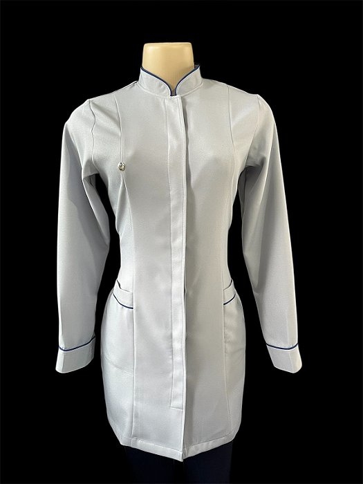 Jaleco Esmeralda manga longa PB - Cinza claro e detalhes Azul Marinho