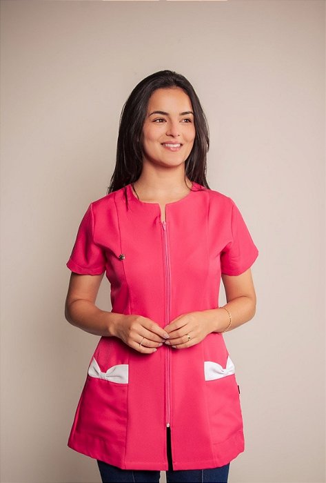 Jaleco Maju manga curta - Pink com Branco