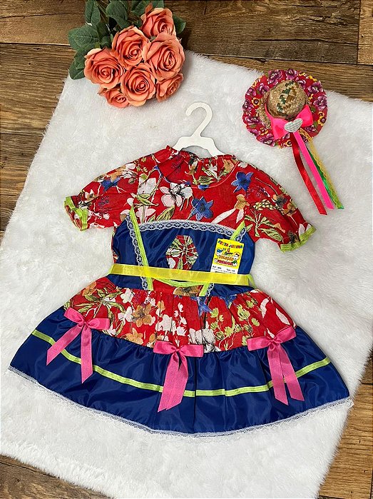 Vestido Junino Vermelho e Azul