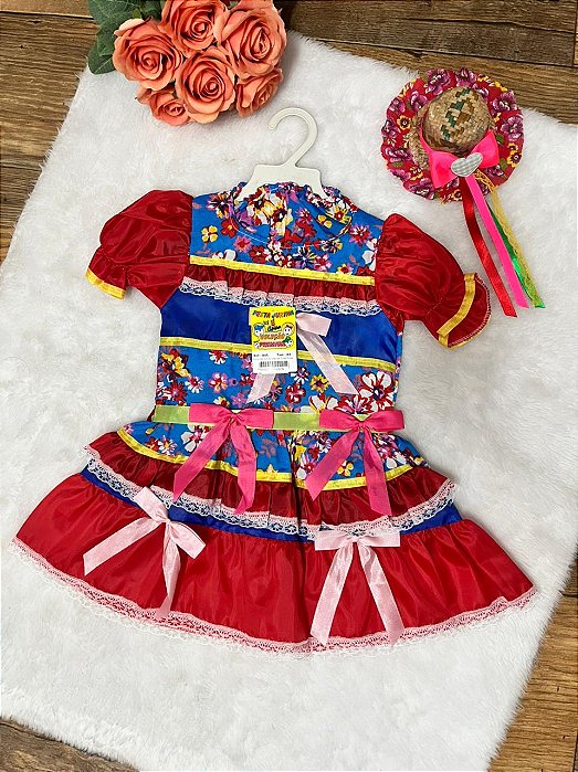 Vestido Junino Vermelho e Azul 2