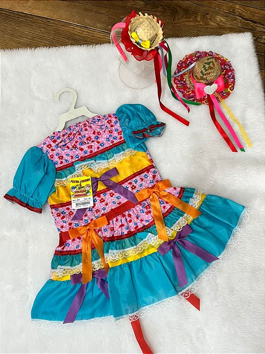 Vestido Junino Rosa Amarelo e Azul