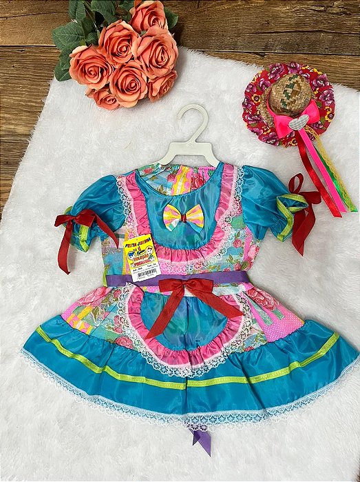 Vestido Junino Azul e Rosa