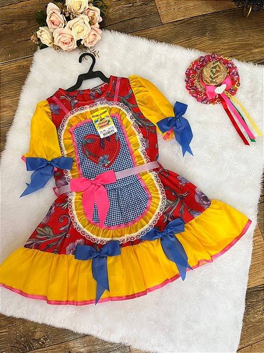 Vestido Junino Amarelo com Vermelho