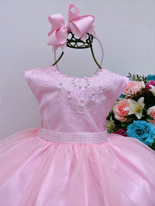 Vestido em Cetim e tule Longo Rosa