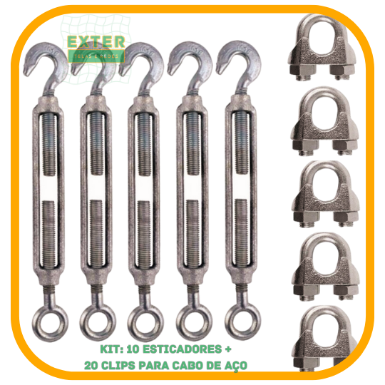 Clips e Esticadores para Cabo de Aço de 1/8 (20 unidades de Clips e 10 unidades de Esticadores)