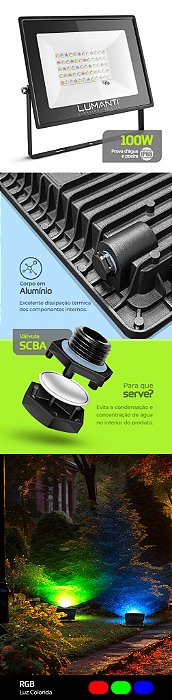 Refletor Smart Led 100w Rgb Autovolt 8000 Lumens C/ Funcao Memoria