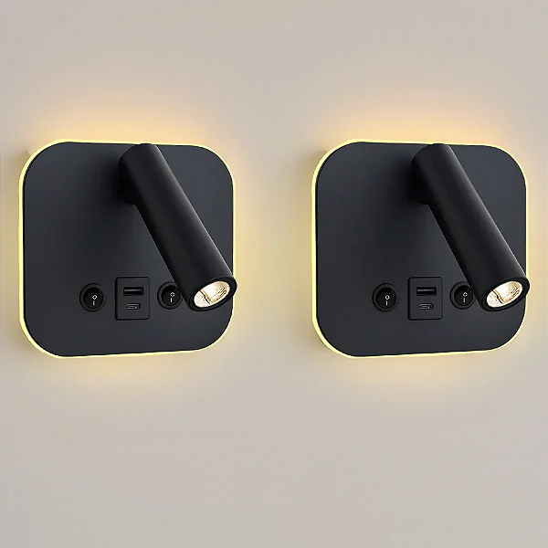 Arandela Led Quadrada Dalo C/USB e USB c 12W 3000K 100-240V IP20 Preto
