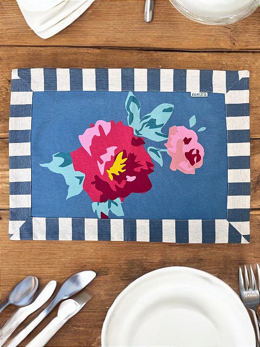 Jogo Americano Flores - barra Listras Azul