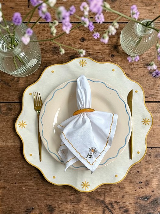 Jogo Americano Impermeável Flores Off White - Borda Amarela