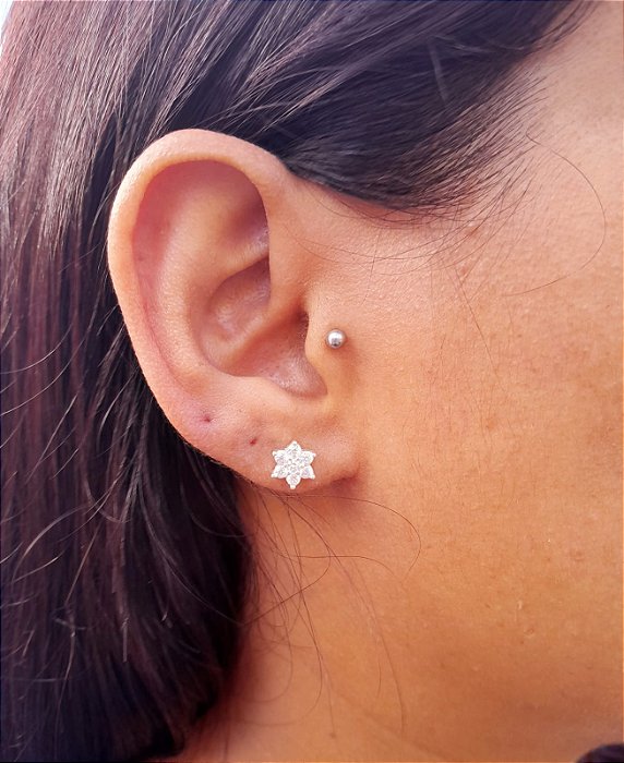 Brinco prata flor cravejado zirconias.