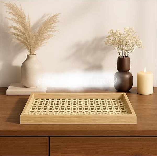 Bandeja decorativa vidro + palha 12x28
